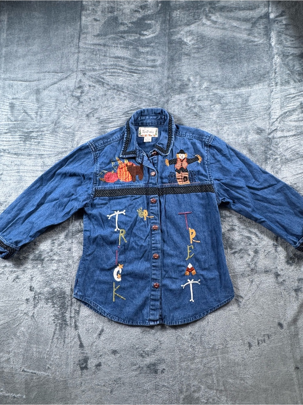 Vintage Tantrums Halloween Denim Button Up Shirt Scarecrow Pumpkin Buttons M